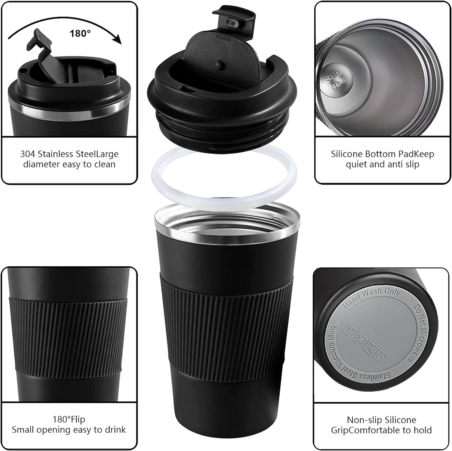 YINBAOGE Insulated Travel Coffee Mug Spill Proof Leak Proof Pobtable To Go Camping Stainless Steel Coffee Tumbler Reusable Coffee Cups with Lids Thermos for Hot and Cold Drink (Black, 17 OZ)