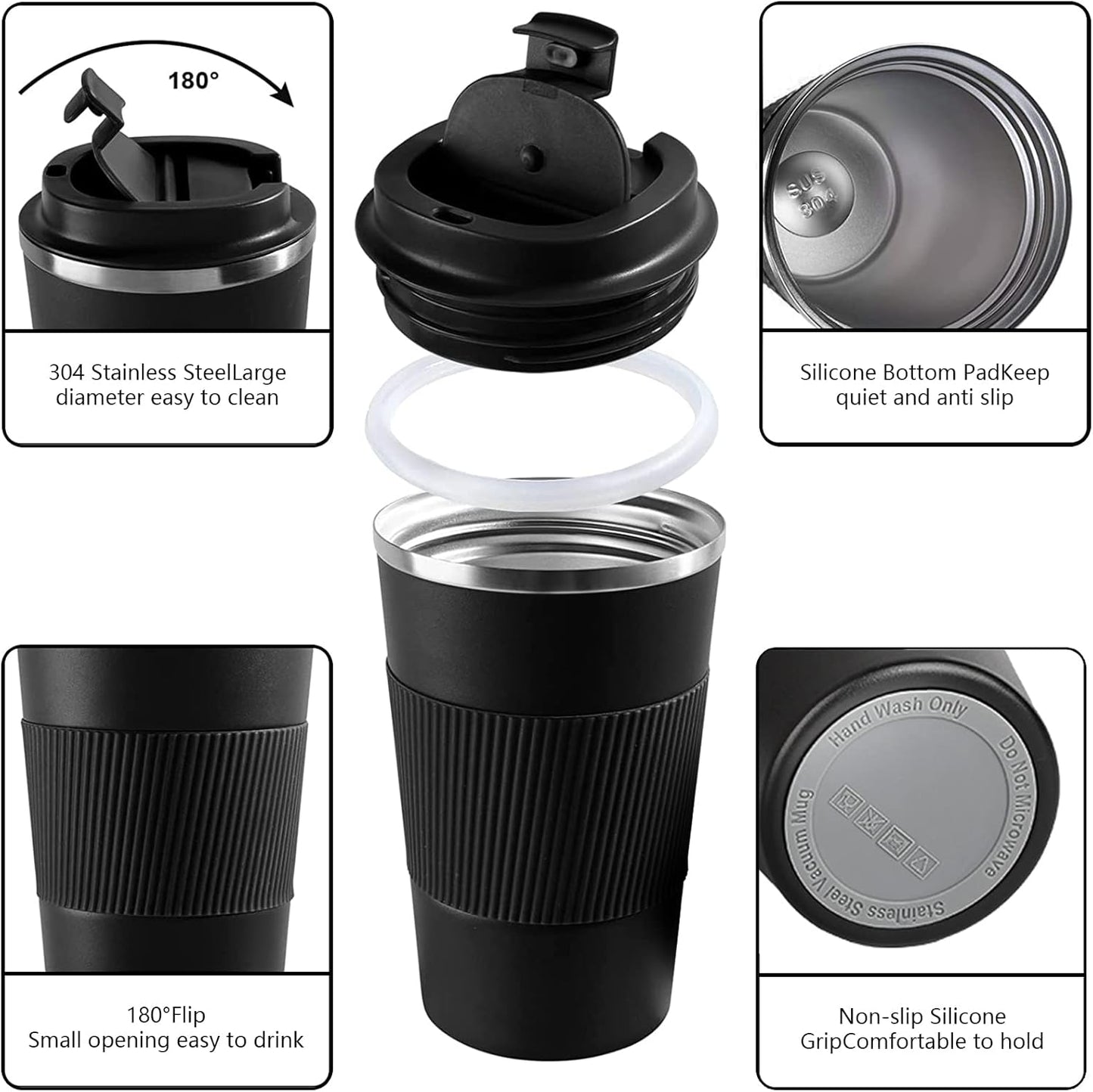 YINBAOGE Insulated Travel Coffee Mug Spill Proof Leak Proof Pobtable To Go Camping Stainless Steel Coffee Tumbler Reusable Coffee Cups with Lids Thermos for Hot and Cold Drink (Black, 12 OZ)