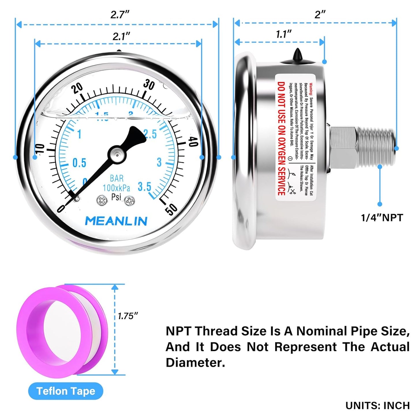 MEANLIN MEASURE 0~50Psi Liquid Filled Pressure Gauge Stainless Steel with 316 Stainless Steel Joint 1/4" NPT 2.5" FACE DIAL for Pool Sand Filter Water Oil Air Pressure Test Center Back Mount