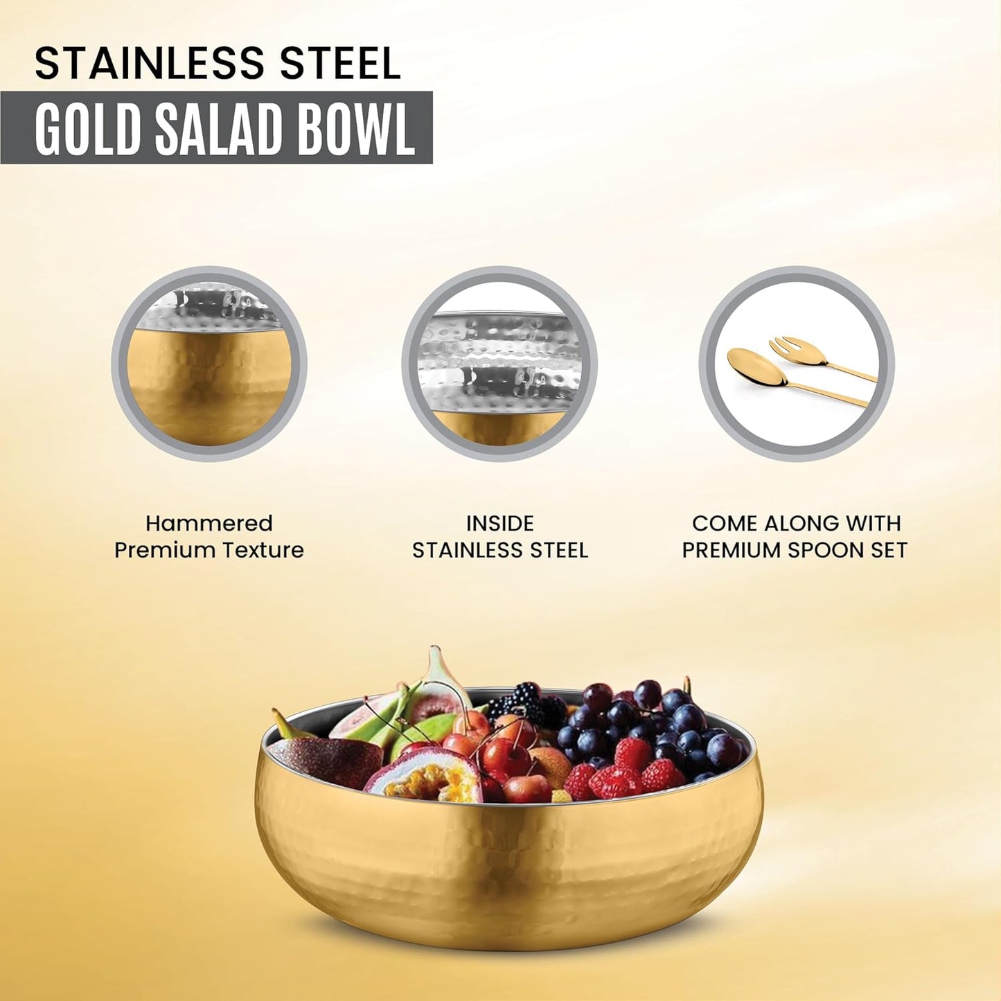 Avador® Set of 3 Premium Stainless Steel Salad Mixing Bowl Hammered Finish | Handmade | Includes Salad Serving Utensils (Gold Plated)