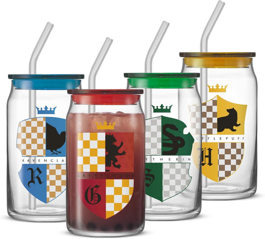 JoyJolt Harry Potter House Crests Glass Tumblers with Lids and Straws, 16oz Glass Cups with Lids and Straws, Can Shaped Drinking Glasses Set of 4, Hogwarts Cup, Harry Potter Merchandise