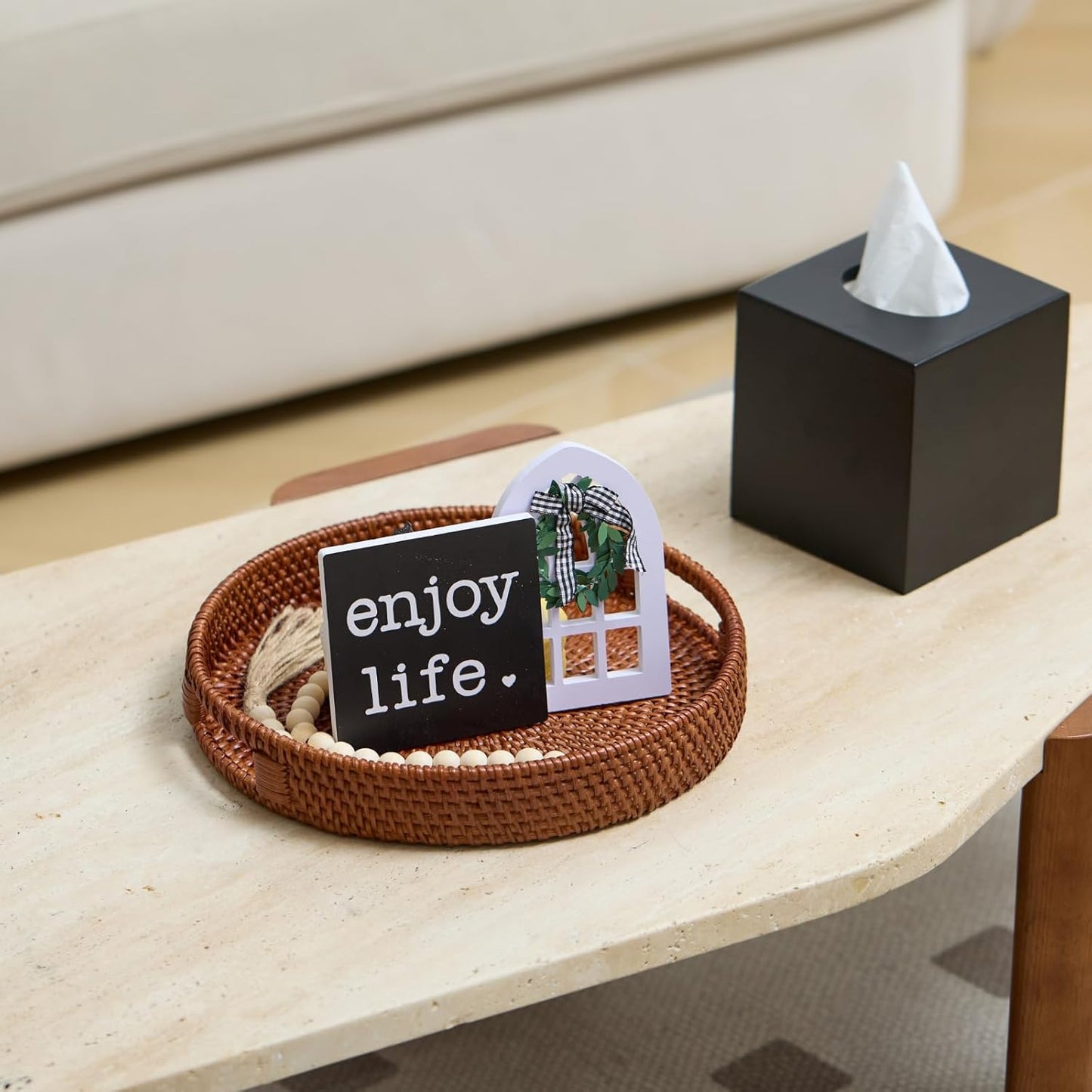 11.8 inch Round Rattan Tray, Decorative Coffee Table Tray, Ottoman Trays, Woven Serving Trays with Handles Wicker Serving Basket, Reddish-Brown