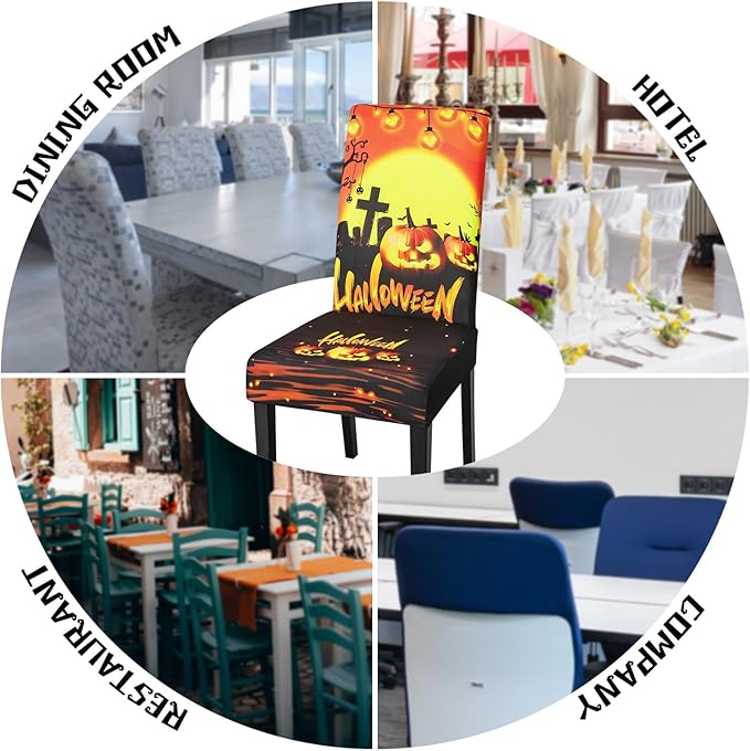 JQinHome Orange Halloween Chair Slipcover, Pumpkin Chair Covers Set of 4, High Stretch Washable Chair Protector Cover for Dining Room, Kitchen,Home Party,Wedding Ceremony(Orange,4PC)