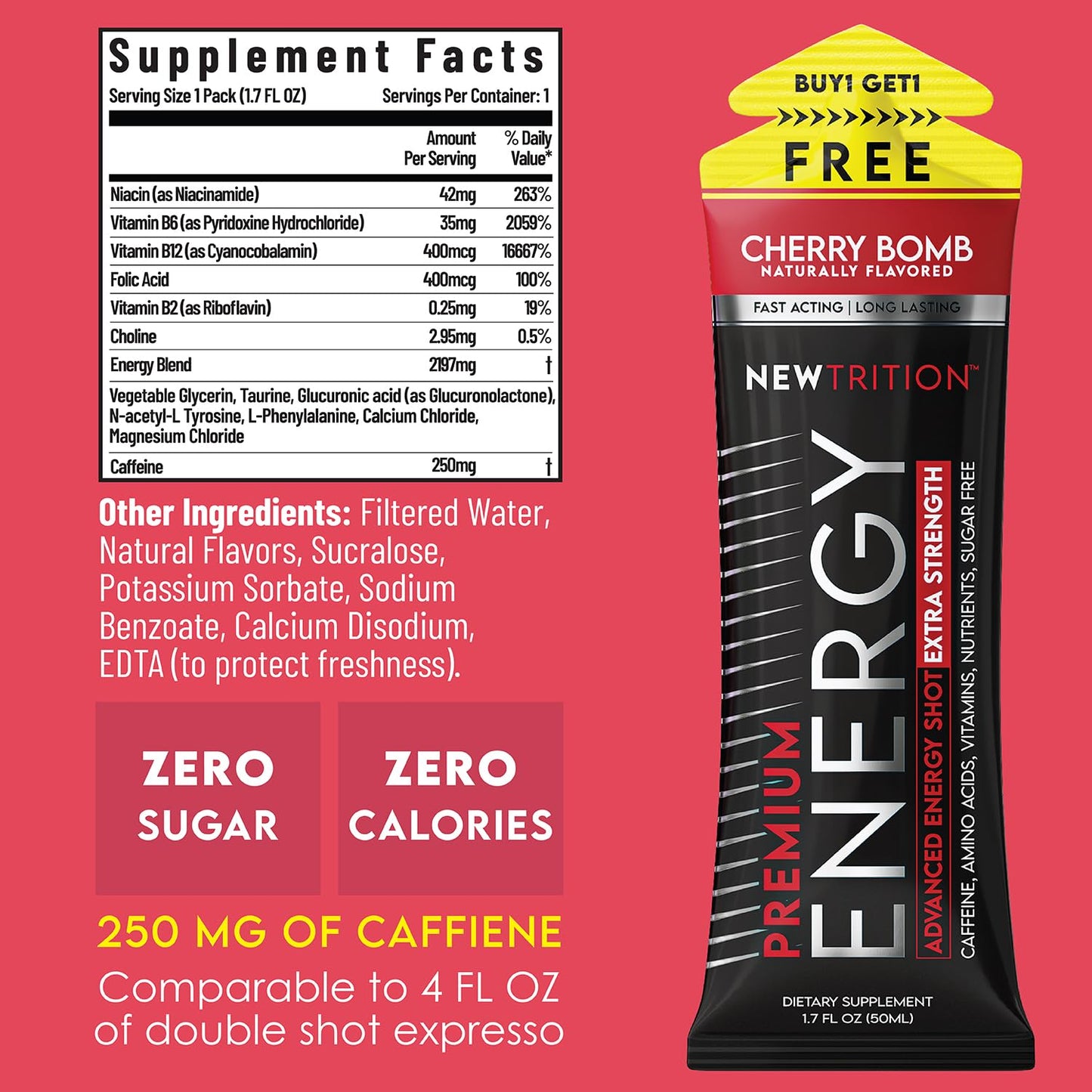 NewTrition® Extra Strength Energy Shots, 250mg Caffeine Energy Shots with Vitamin B & Amino Acids, Sugar-Free Vitamin Energy Shot, 1.7 fl oz (Pack of 24, Cherry Bomb)