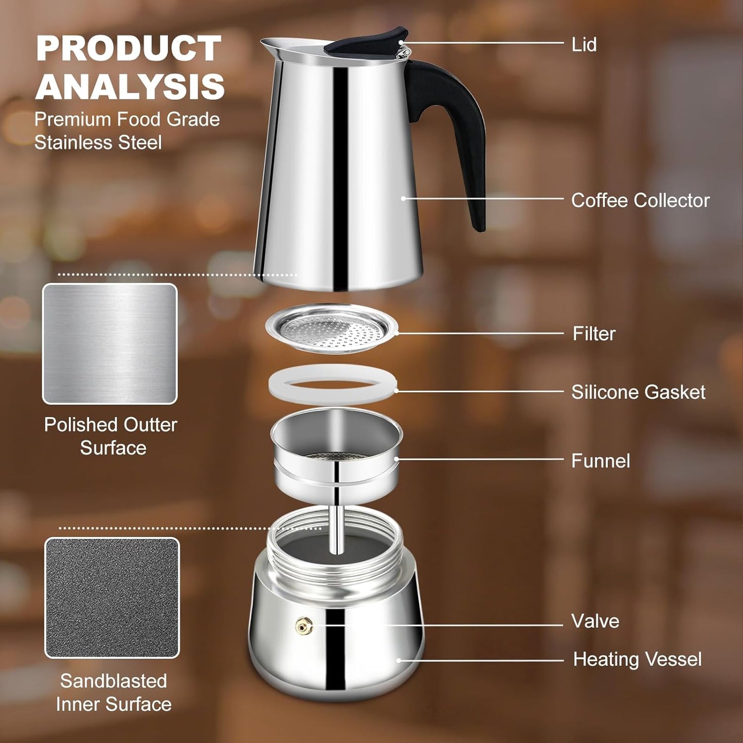 2 Cup Stovetop Espresso Maker Stainless Steel Moka Pot Stove Top Percolator Italian Coffee Makers Capable Mocha Greca Machine Cafe Classic Induction Cookers for Home and Camping 100ml 3.3oz