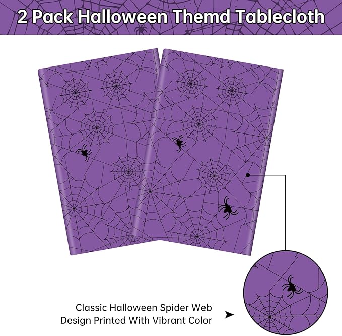 2 Pcs Halloween Tablecloth - Plastic Halloweens Spider Webs Table Cloth, Purple Disposable Rectangle Spiderweb Table Cover for Halloween Party Decorations Supplies Favors Tables Decor, 108 x 54 Inch
