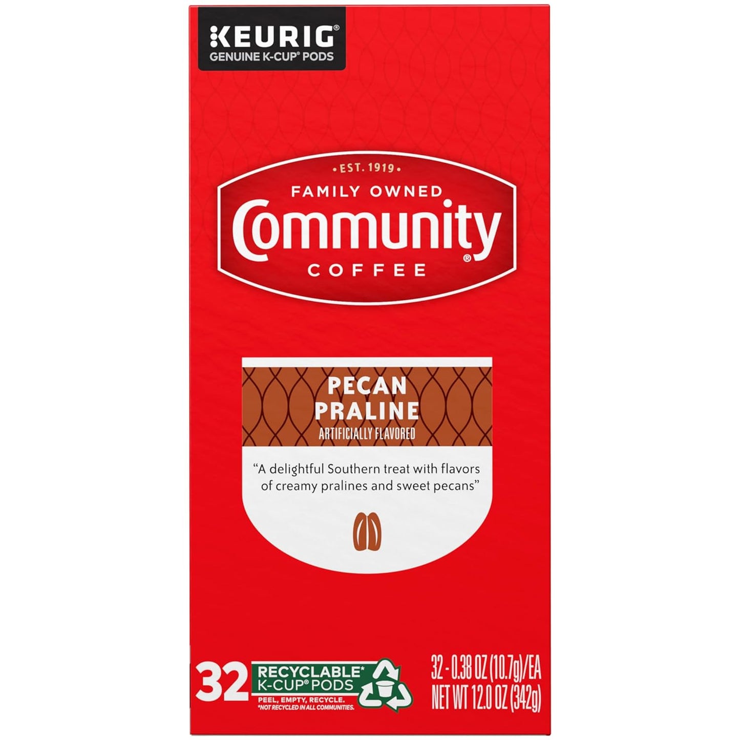 Community Coffee Pecan Praline Flavored, Medium-Dark Roast, Single-Serve Keurig K-Cup Pods, 32 Count (Pack of 4)