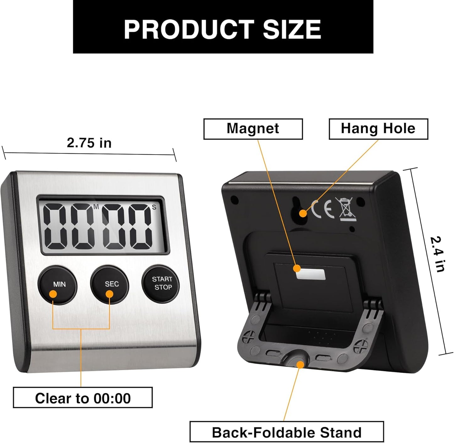 Digital Kitchen Timers for Cooking Strong Magnetic Stainless Steel Countdown Timer for Baking Exercise Office Classroom-1PACK