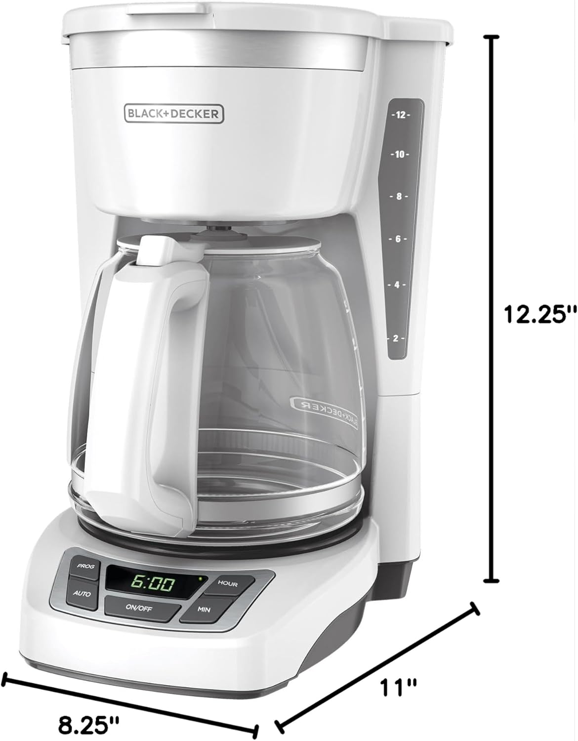 BLACK+DECKER 12-Cup Digital Coffee Maker, CM1160W, Programmable, Washable Basket Filter, Sneak-A-Cup, Auto Brew, Water Window, Keep Hot Plate, White