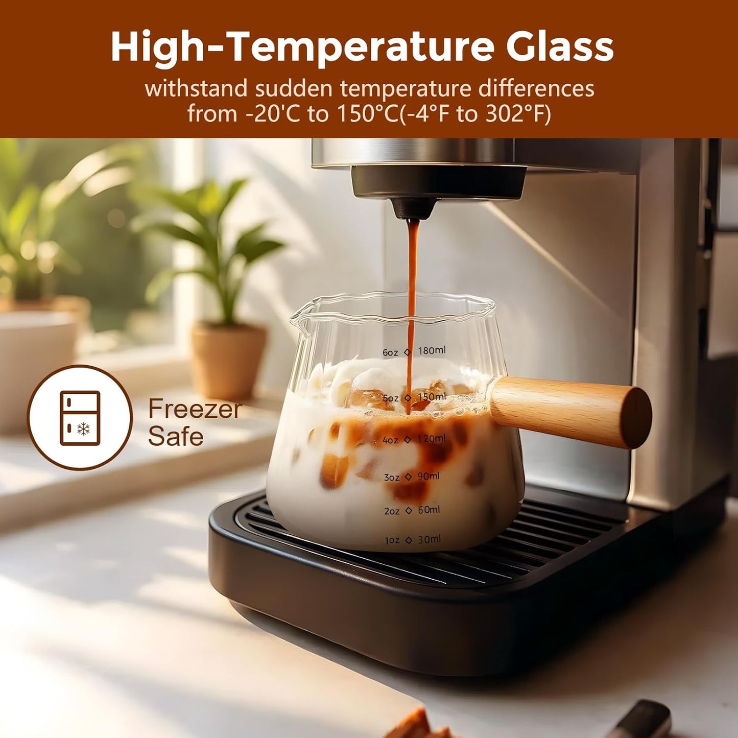 YARRAMATE 6 oz/180ML Glass Measuring Cup with Wooden Handle – Espresso Shot Cups, Ribbed Milk Frothing Pitcher, Dual Scale Markings, V-Shaped Mouth for Easy Pouring