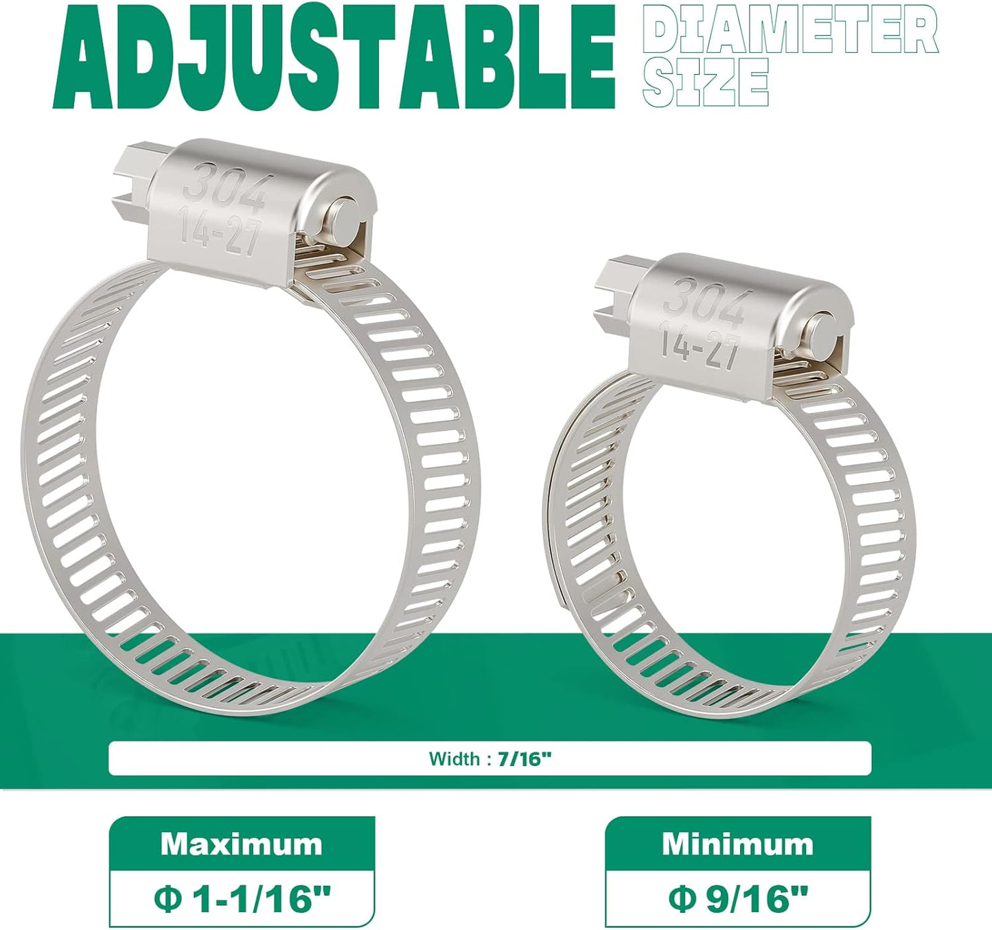 15PCS Hose Clamps Stainless Steel Adjustable 9/16"– 1-1/16"(14-27mm) Worm Gear Hose Clamp, Heavy Duty Metal Small Hose Clamps for Automotive, Pipe, Radiator Plumbing, Fuel Line