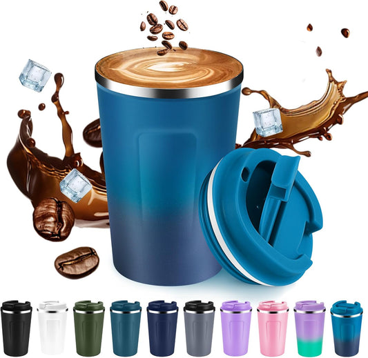 Volhoply 12 oz Double Wall Insulated Vacuum Travel Coffee Mug with Flip Lid,Reusable Stainless Steel Leak Proof Coffee Cup,Portable Cafe Thermal Tumbler Suitable for Hot&Cold Drinks(Dark Night,1 Set)
