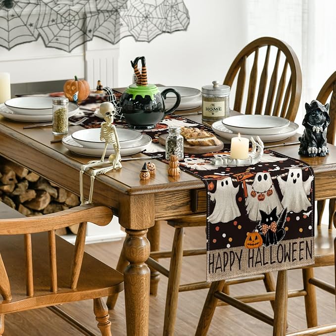 Artoid Mode Ghost Jack-O'-Lantern Black Cat Halloween Table Runner,Holiday Kitchen Dining Table Decoration for Home Party Decor 13 x 60 Inch