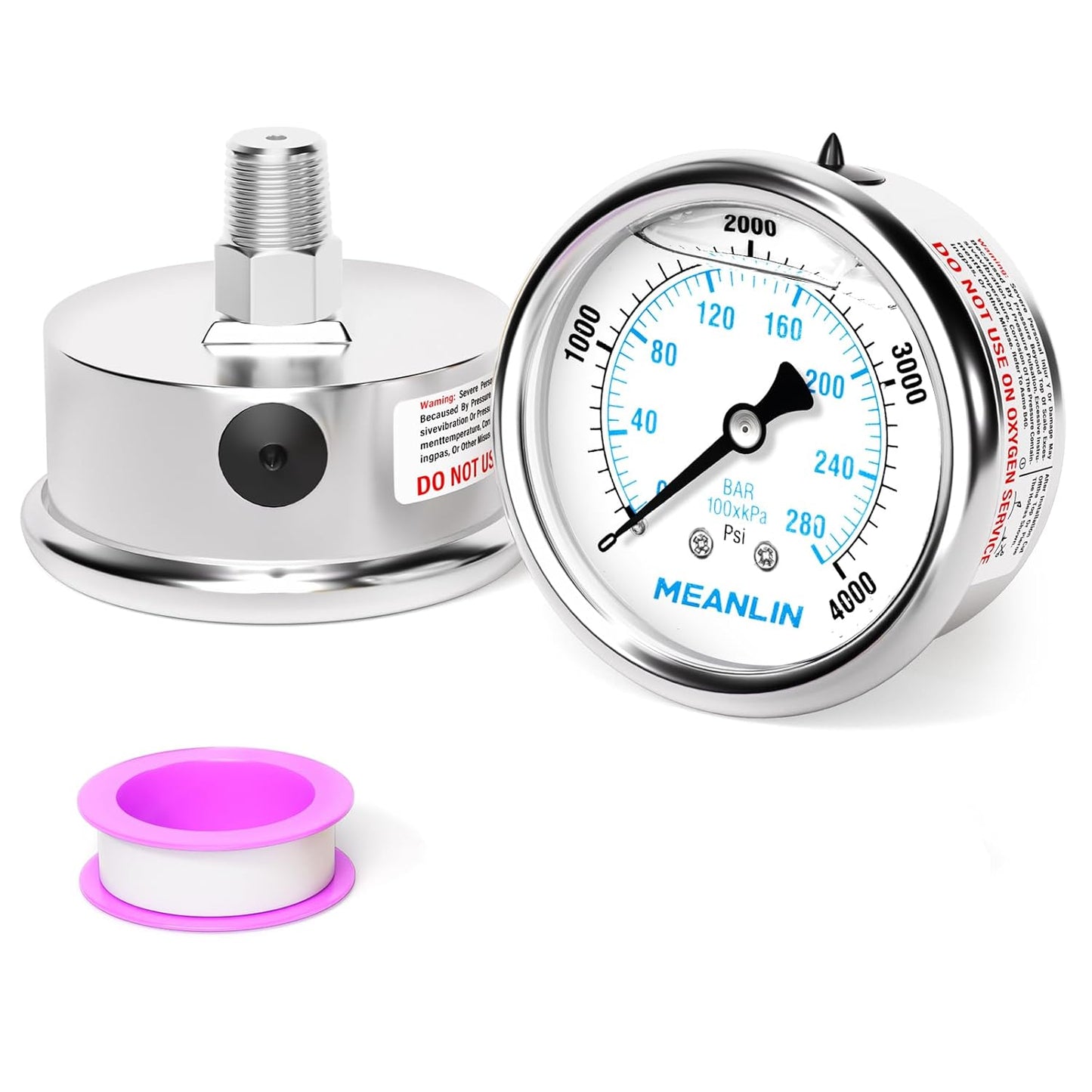 MEANLIN MEASURE 0~4000Psi Liquid Filled Pressure Gauge Stainless Steel with 316 Stainless Steel Joint 1/4" NPT 2.5" FACE DIAL for WOG Water Oil Air Center Back Mount