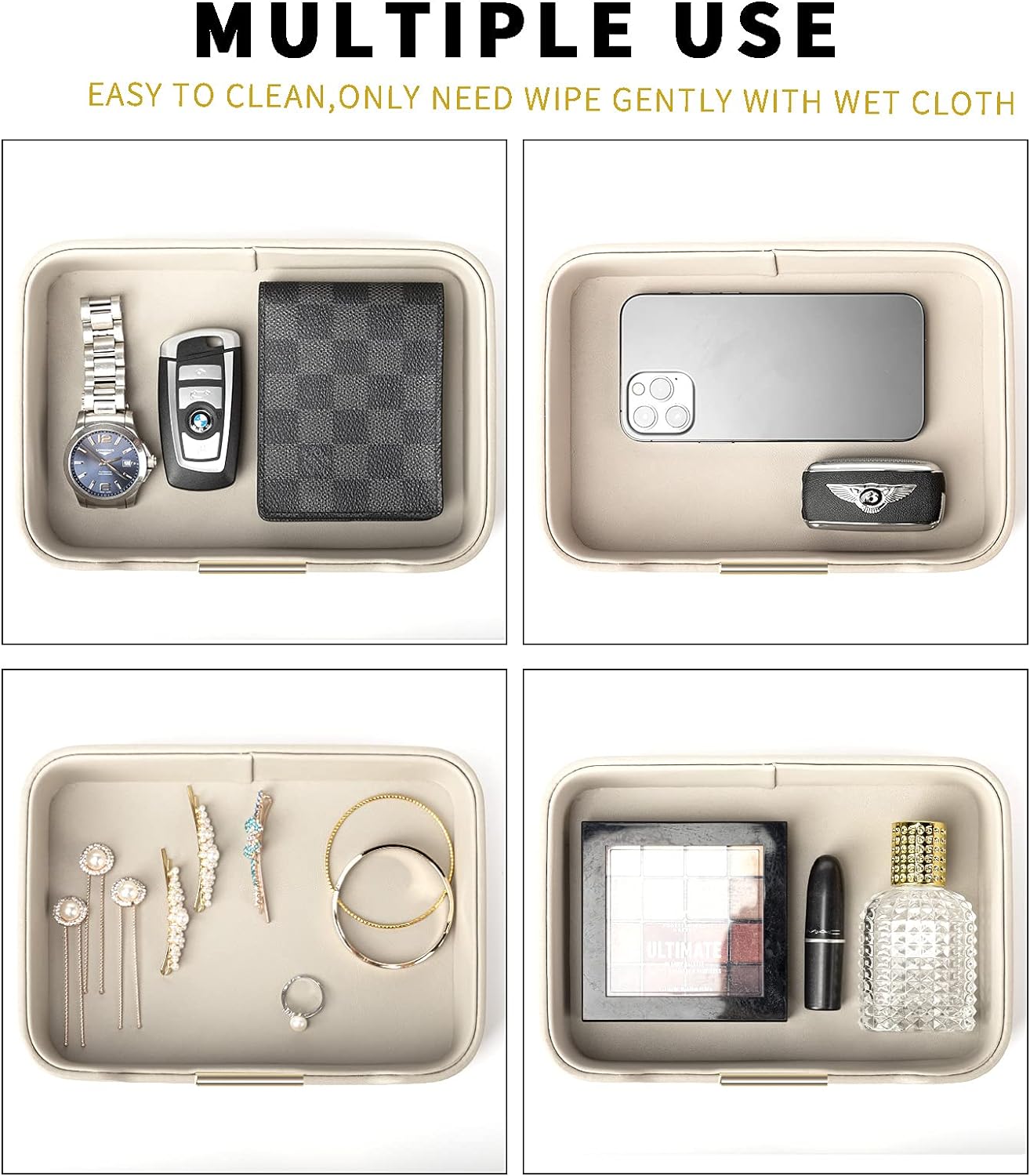 SANZIE Luxury Leather Tray Desktop Storage Catchall Organizer Decorative Tray for Entryway Table to Hold Jewelry Watch Keys Phone Wallet (Metal Glided, Grey)