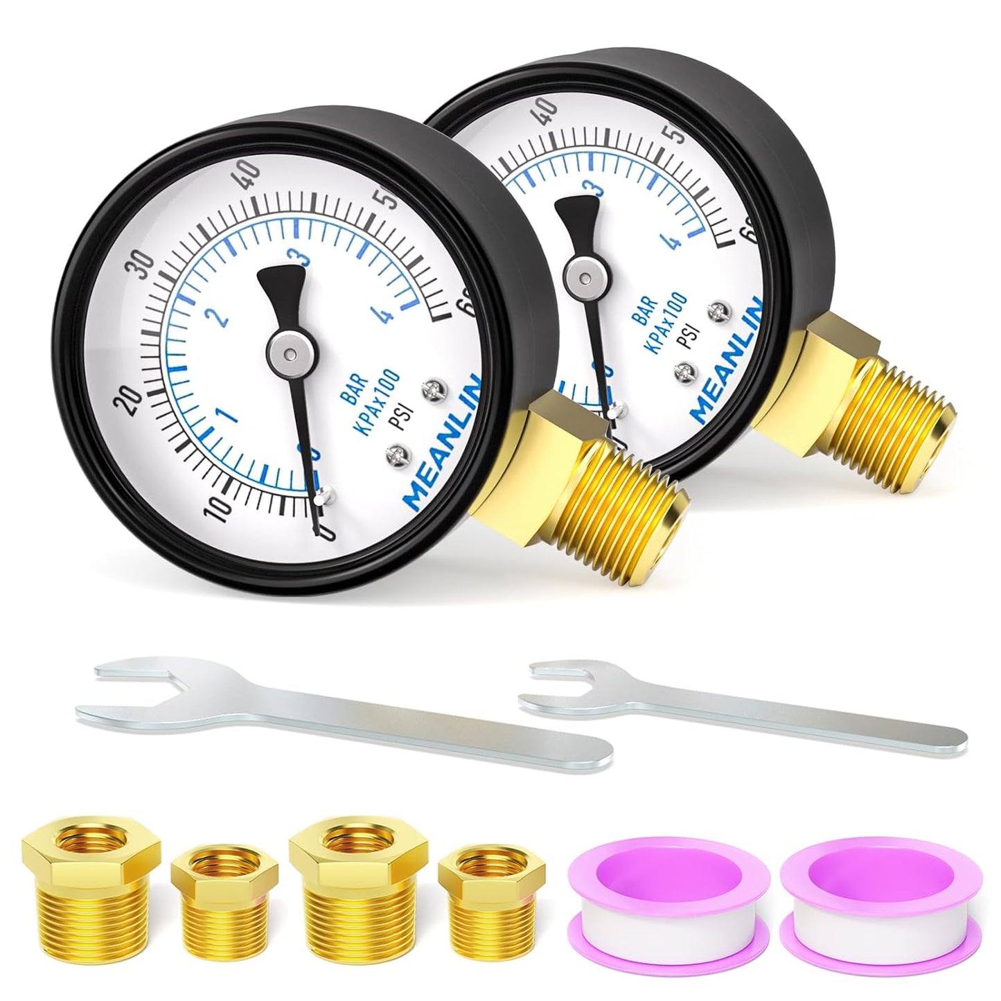 MEANLIN MEASURE 0-60Psi 2" DIAL FACE 1/4" NPT Well Pump Pressure Gauge, with 1/2" NPT and 3/8" NPT Hex Bushing, Pool Sand Filter WOG Water Oil Air Pressure Test, Lower Mount (Pack of 2)