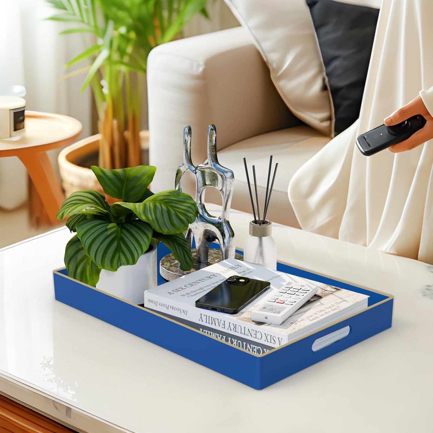 MAONAME Navy Blue Serving Tray with Handles, Modern Decorative Tray for Coffee Table, Plastic Rectangular Tray for Ottoman, Bathroom, Decor, 15.8” x 10.2” x1.4