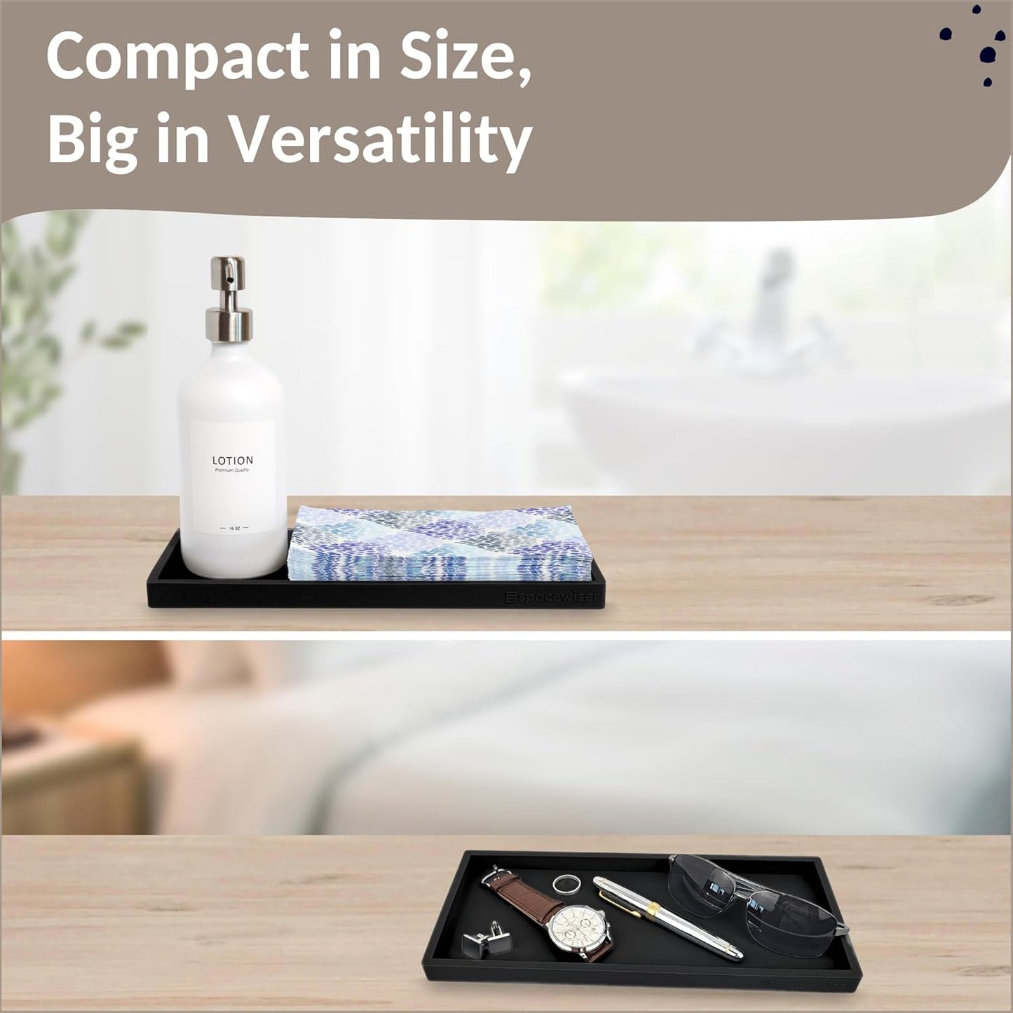 Countertop and Vanity Tray - 11.7" Silicone Bathroom Tray Countertop, Dish Soap Trays for Kitchen Counter, Organizer Accessories Caddy, Toilet Laundry Shower Oil Makeup Mat, Black