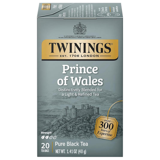 Twinings Prince of Wales Black Tea Individually Wrapped Bags, 20 Count (Pack of 1), Velvety Smooth & Mild, Caffeinated, Enjoy Hot or Iced, 20 Teabags