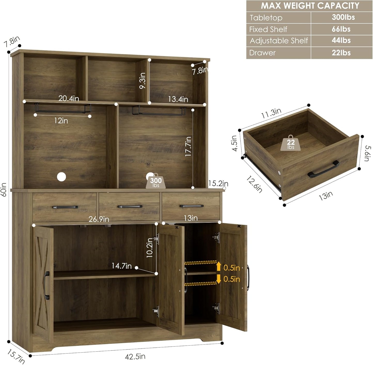 HOSTACK Buffet Cabinet with Hutch, Modern Farmhouse Kitchen Buffet Sideboard Storage Cabinet with 3 Drawers, Barn Door Coffee Bar Station for Dining Room, Living Room, Rustic Brown