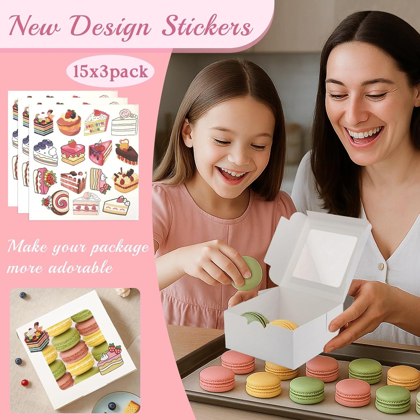 OAMCEG 30 Pack Cookie Boxes with Window 6x6x3 Inches White Bakery Treat Boxes with Stickers & Twine for Pastry, Desserts, Strawberries, Cupcakes, Gift Giving