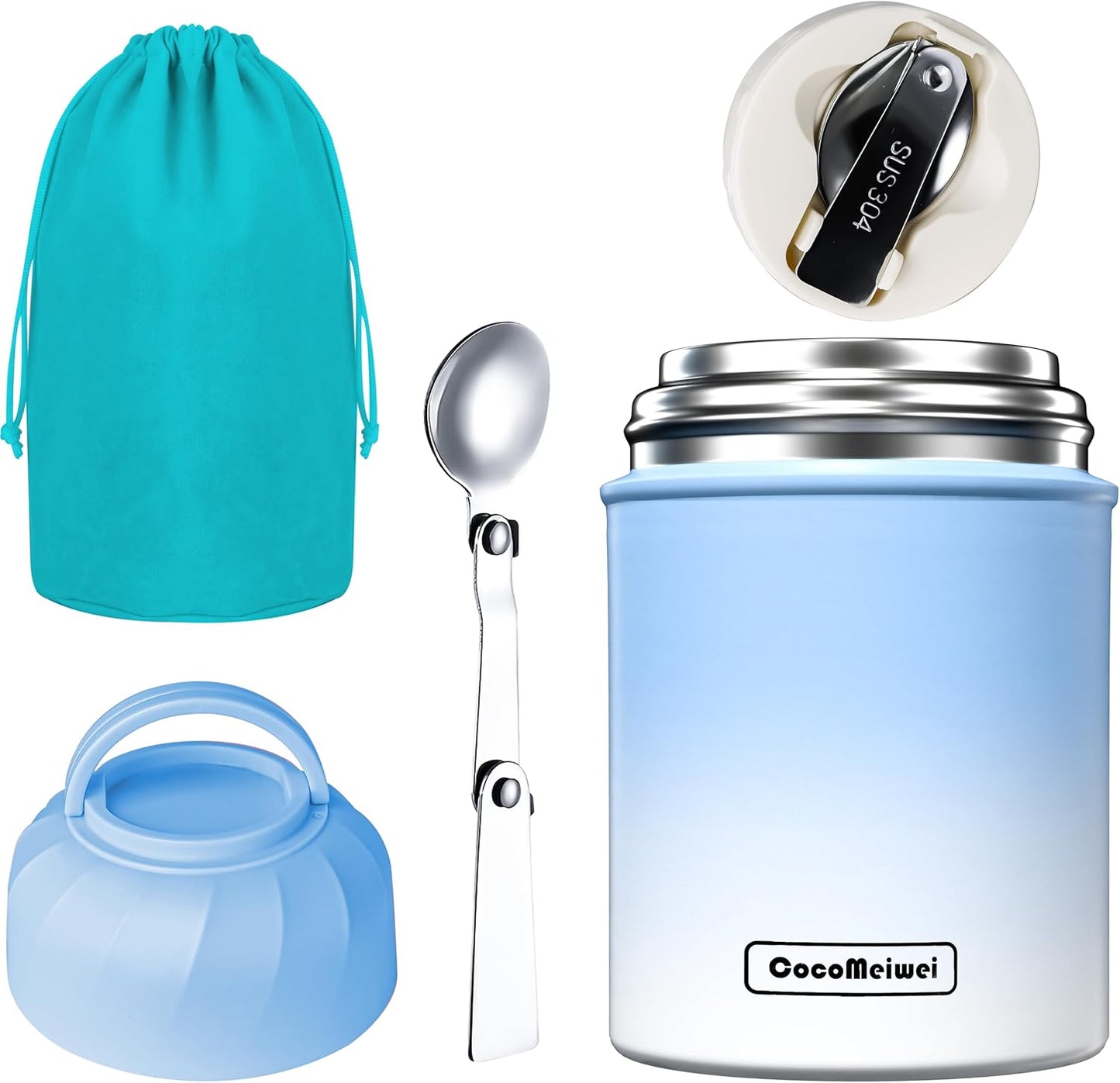 Soup Thermo for Hot Food & Drinks, Thermo Lunch Box for Kids, 17oz Vacuum Insulated Food Container with Spoon&&Drawstring Bag, Soup Therm for Adults, Blue&White