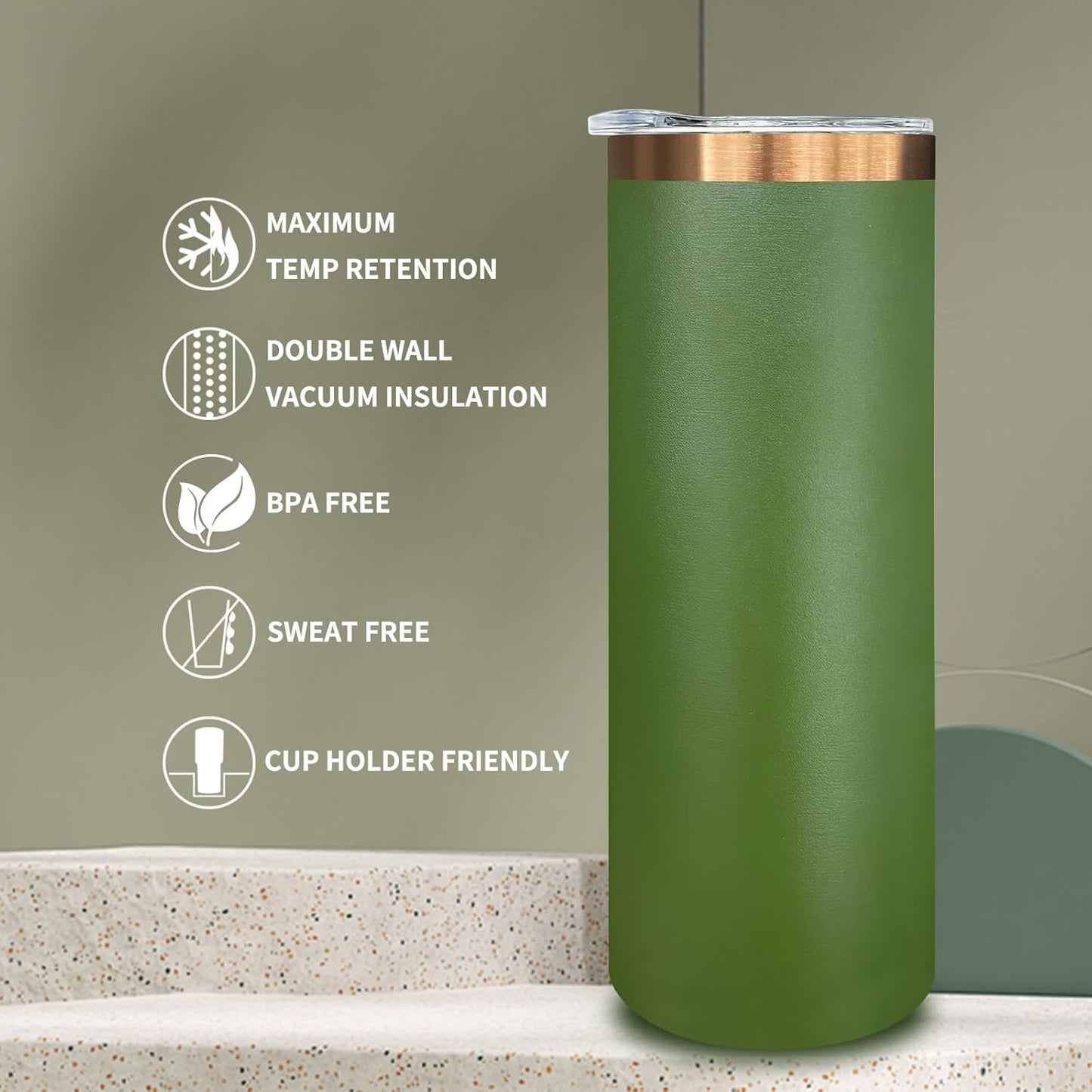 20 oz Skinny Tumblers Bulk, Stainless Steel Insulated Tumbler with Lids and Straws, Slim Double Wall Powder Coated Travel Coffee Mugs, Reusable Cup for Hot and Cold Drinks (Army Green,1 pack)