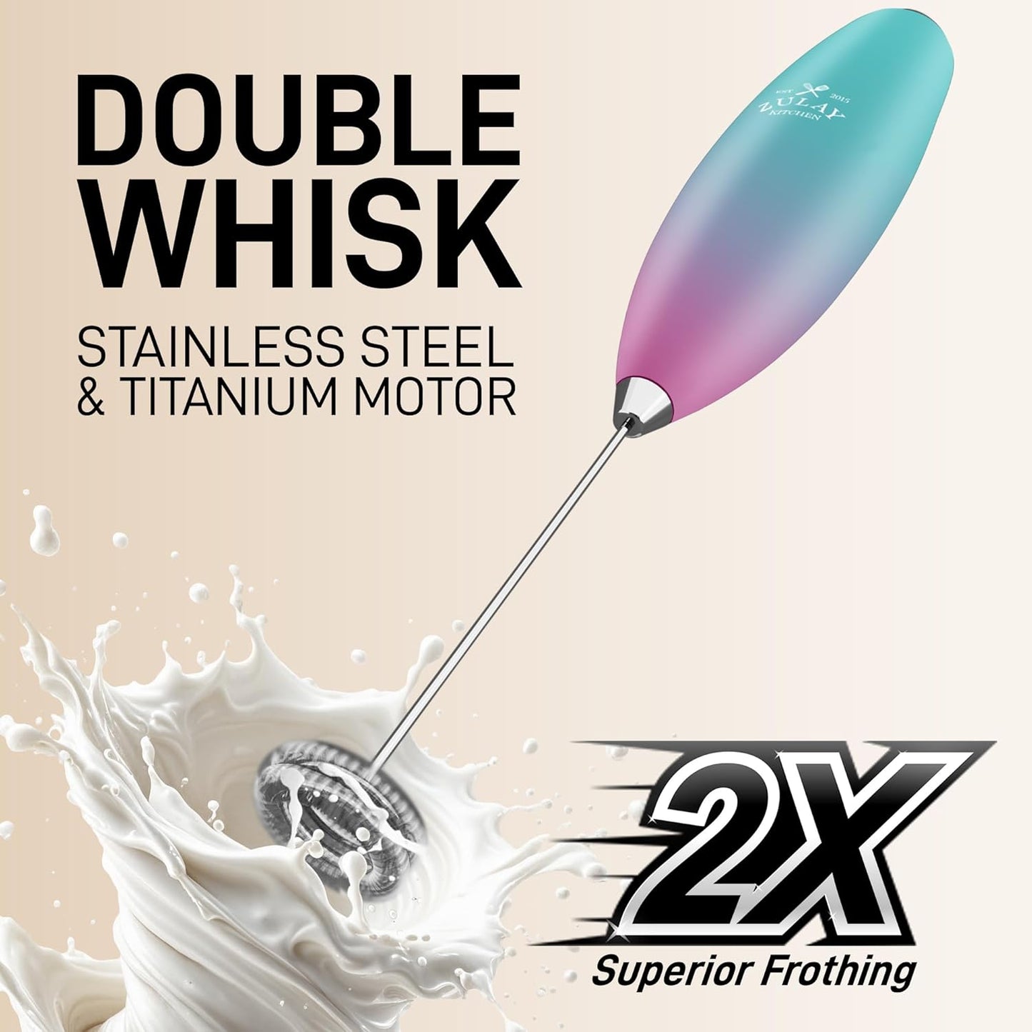 Zulay Kitchen Double Whisk Milk Frother – Handheld Foam Maker for Coffee, Lattes, Matcha, Hot Chocolate & Cappuccinos – Whip Creamy Froth in Seconds, Portable & Easy to Use