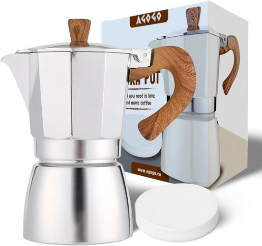 AGOGO Milano Moka pot, Stovetop Espresso maker, Greca Coffee Maker, Stovetop coffee maker and espresso maker percolator With Paper Filter 6 Cup Original Silver