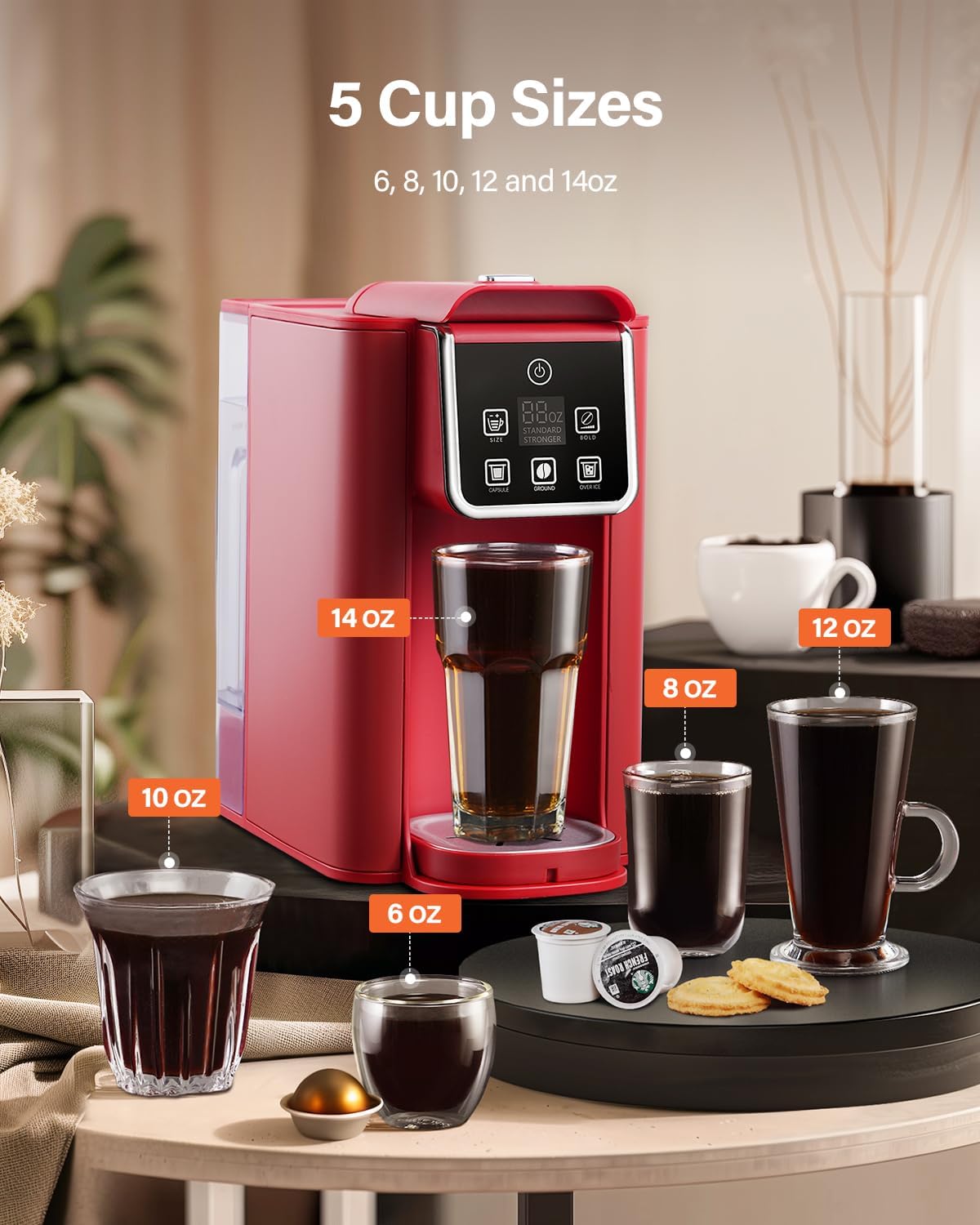 SHARDOR Single Serve Coffee Maker, Hot and Iced Coffee Machine for K Cup Pods & Ground Coffee, 6 to 14 oz Brew Sizes, with 50 oz Removable Water Tank, Bold Brew Setting, Stainless Steel, Red