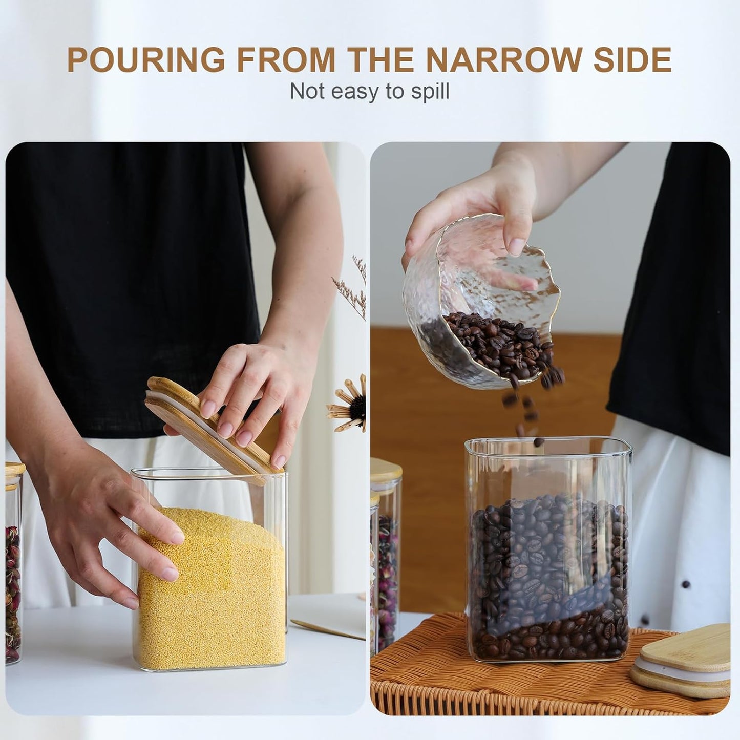 Liuruiyu Glass Storage Jars 12 * 8cm [Set of 6],Clear Glass Food Storage Containers with Airtight Bamboo Lid Stackable Kitchen Canisters for Candy,Cookie,Rice,Sugar,Flour,Pasta(Square)