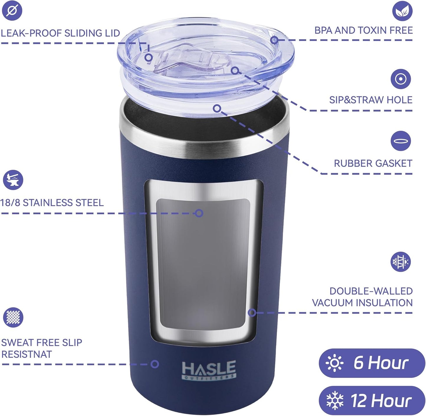 HASLE OUTFITTERS 12 oz Skinny Tumbler, Stainless Steel Insulated Slim Tumbler set bulk with Lid, Reusable Double Wall Travel Coffee Mug, Durable Powder Coated Travel Water Cup(Navy,6)