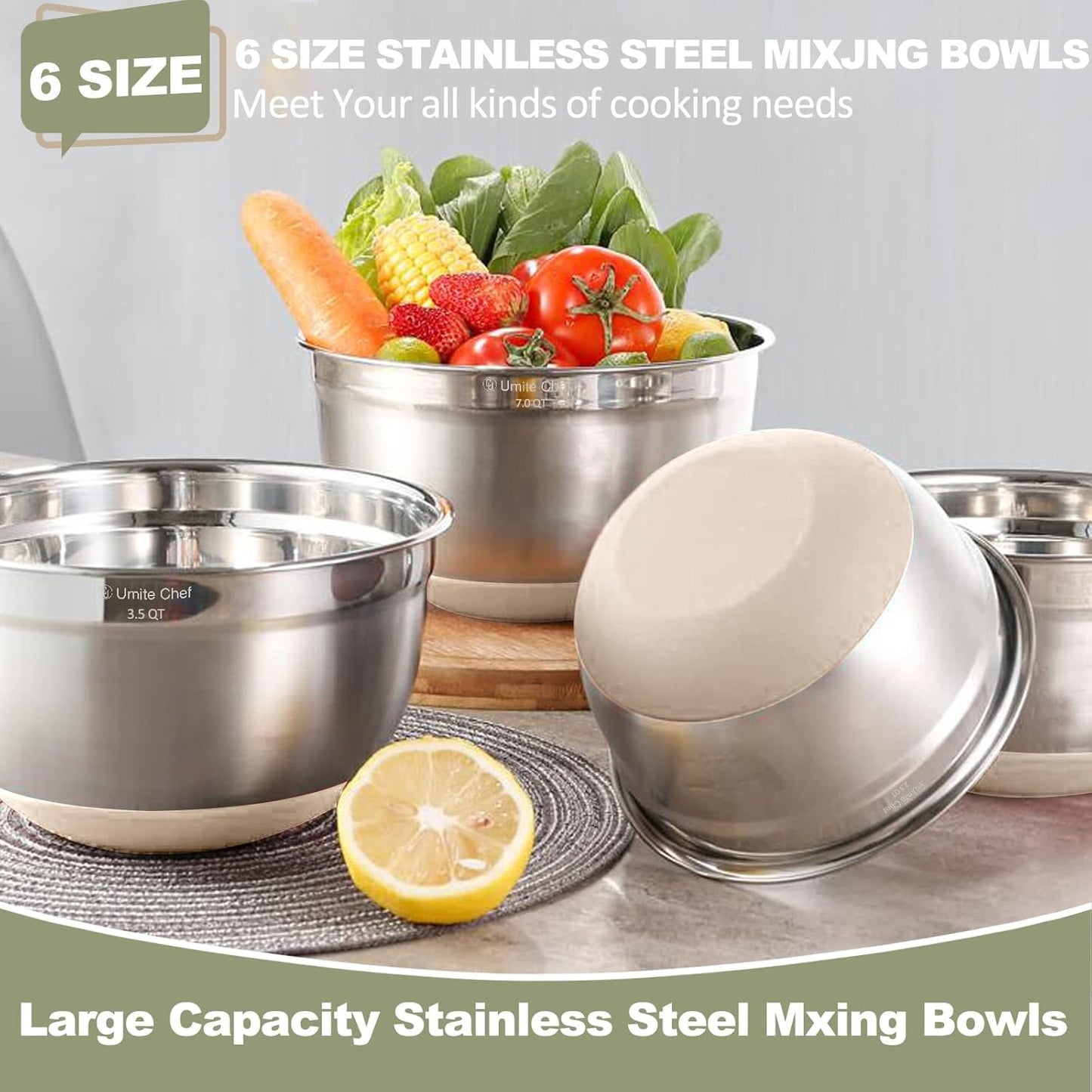 Umite Chef Mixing Bowls with Airtight Lids, 6 piece Stainless Steel Metal Nesting Storage Bowls, Non-Slip Bottoms Size 7, 3.5, 2.5, 2.0,1.5, 1QT, Great for Mixing & Serving (Khaki)