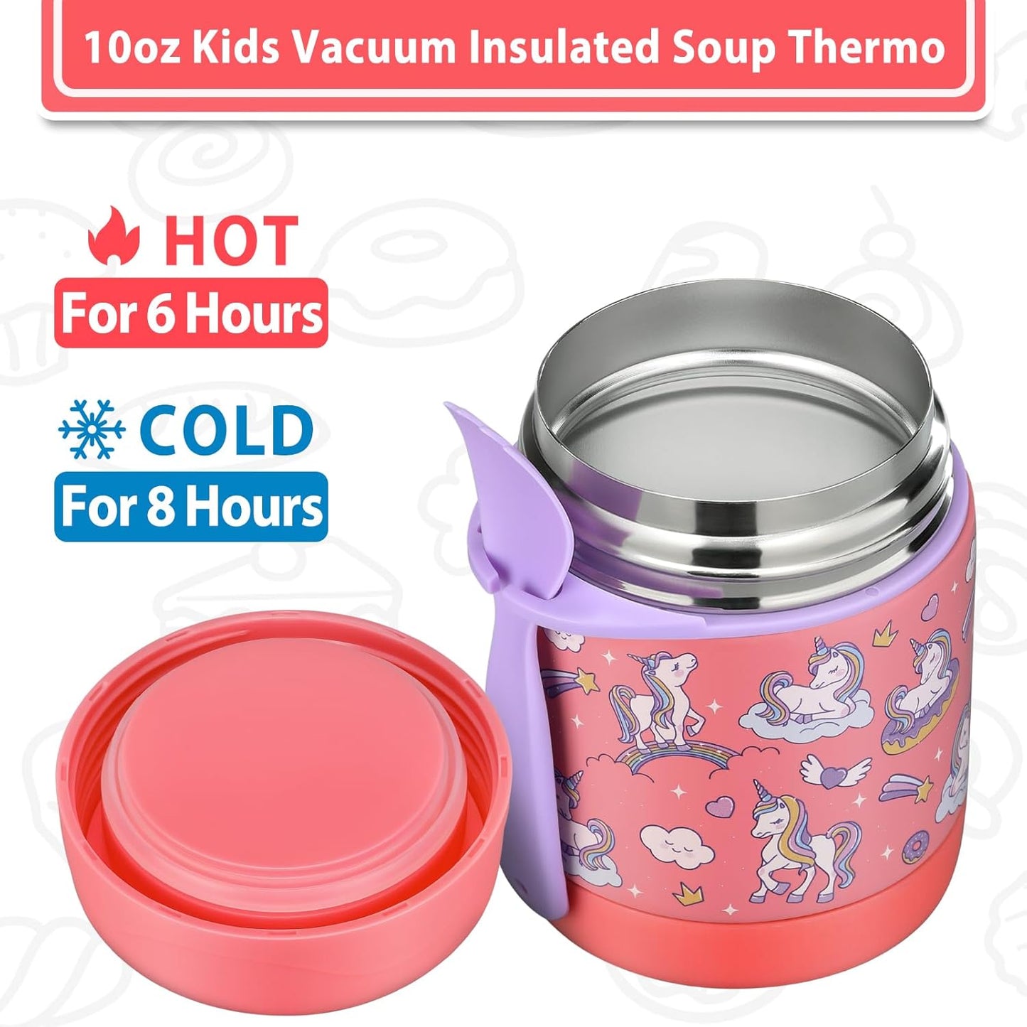 10oz Soup Thermo for Hot Food Kids,Lunch Thermo Kids Food Jar with Spoon Hot Insulated Food Containers,Leak Proof Stainless Steel Wide Mouth Lunch Food Thermo Jar for School(Pink-Unique Horse)