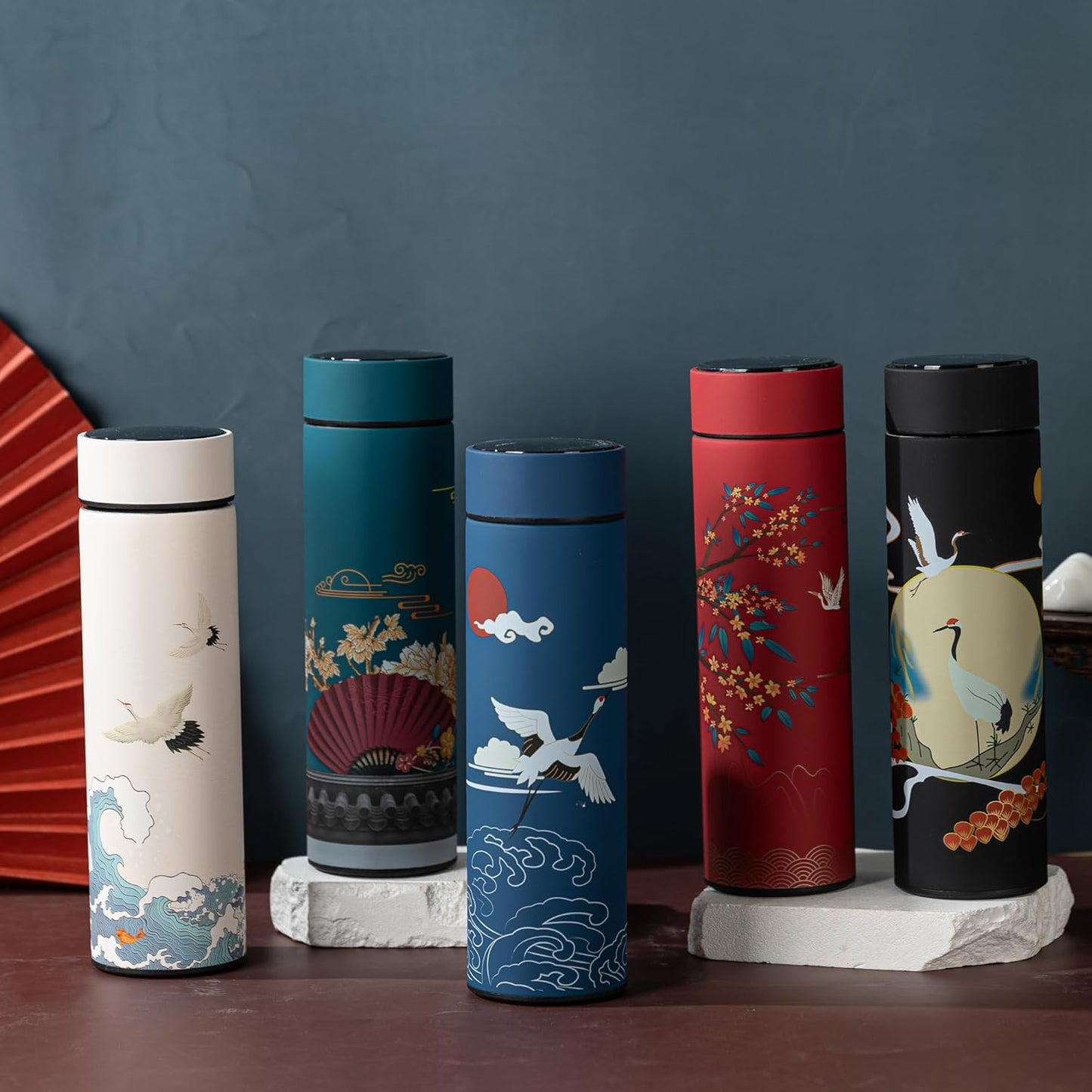 Insulated Coffee Tea Travel Thermos Mug Water Bottle with Removable Strainer and Temperature Featuring Elegant Asian Art Design - 16.9 fl oz (Blue)