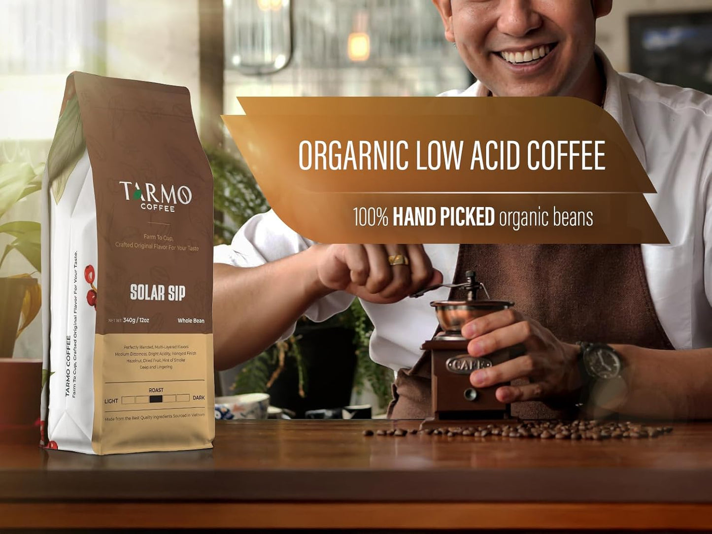 TARMO - SOLAR SIP | Low Acid 100% ARABICA Whole Bean Coffee | Specialty Vietnamese Coffee | Single Origin Dark Roast Coffee Beans | 12 Oz Bag