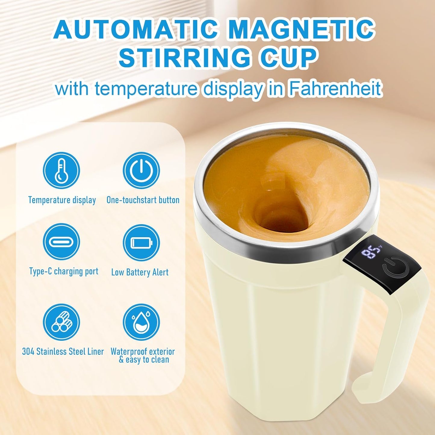 Self Stirring Coffee Mug with Temperature Display, 15oz Automatic Magnetic Mixing Cup, Rechargeable Travel Mug for Coffee, Milk, Cocoa - (White)