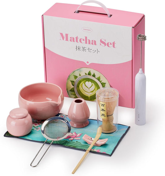 Matcha Whisk Set,9 Pcs Japanese Matcha Set Pink, Matcha Kit with Sifter, Matcha Tea Cloth, Matcha Powder Canister, Electric Rechargeable Frother(Pink)