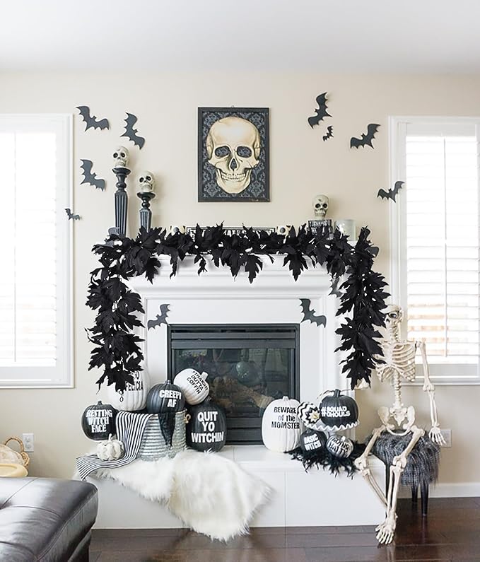 Lvydec 2 Pack Black Halloween Fall Maple Garland - 5.9ft/Piece Artificial Hanging Fall Leave Vines Garland Autumn Decor for Thanksgiving Home Wedding Party