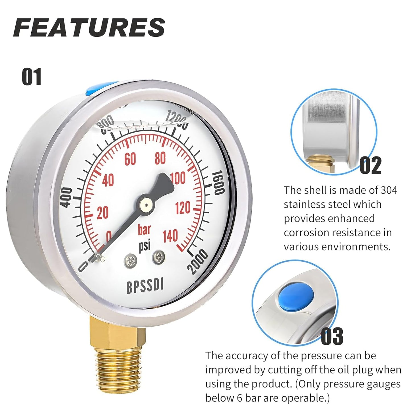 0-2000 Psi Glycerin Liquid Filled Hydraulic High Pressure Gauge, 2.5" Dial Size, 1/4" NPT Lower Mount, 304 Stainless Steel Case, for Water Oil Air Gas Pressure Test