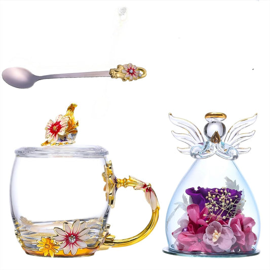 ANLUNOB Preserved Flower Rose in Angle Tea Coffee Mug with Spoon Artisan Enamel Glass Tea Cup Elegant Floral Design Birthday Anniversary Mother Day Valentines Gifts for women mom grandma friends