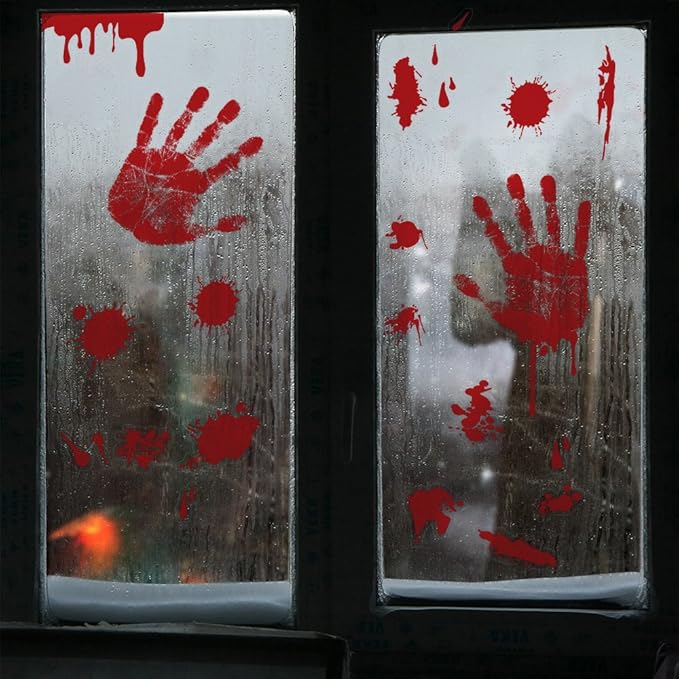 KUUQA 4 Pcs Bloody Handprint Clings Horror PVC Stickers Decals for Halloween Decorations