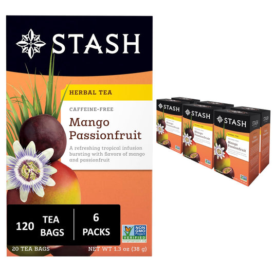 Stash Tea Mango Passionfruit Herbal Tea - Naturally Caffeine Free, Non-GMO Project Verified Premium Tea with No Artificial Ingredients, 20 Count (Pack of 6) - 120 Bags Total