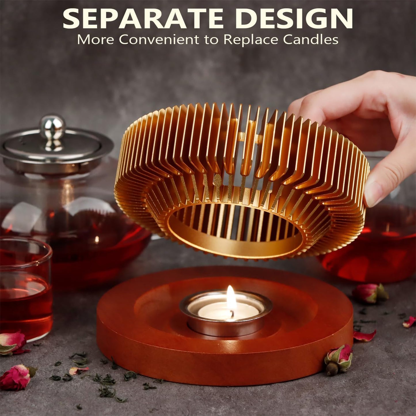 KAYCROWN Teapot Warmer, Tea Warmer with Tealight Holder, Teapot Heater for Heating Tea, Coffee, Milk, Food, Aluminum Alloy, Rose Gold