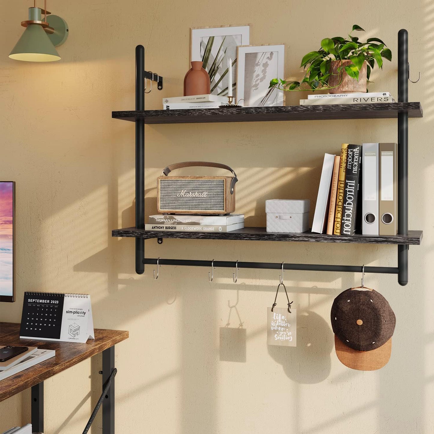 Bestier Pipe Shelf Industrial Floating Shelving 31" Kitchen Wall-Mounted Shelf Towel Bar Hooks Coffee Bar Shelves Wine Hanging Display Rack Bookshelf Living Room Decor Bathroom-Charcoal Black