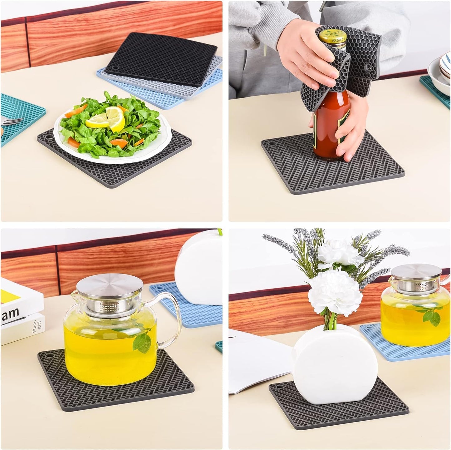 Silicone Trivets Mats, Hot Pads for Pot Holder, Square Trivets for Dishes, Pots and Pans, Multi-Purpose Kitchen Counter Pads, Non-Slip Heat Resistant Mats Set of 4 Blue