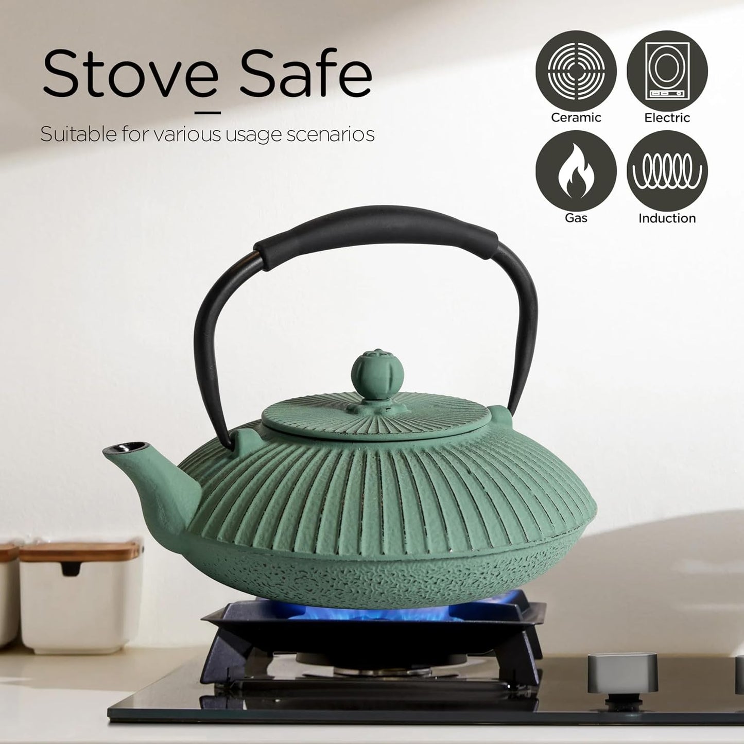 Cast Iron Teapot Set with 2 Tea Cups, 7Pcs Japanese Tea Kettle with Stainless Steel Infuser, Tea Pot Coated with Enameled Interior, Line Pattern, 27oz 780ml Green