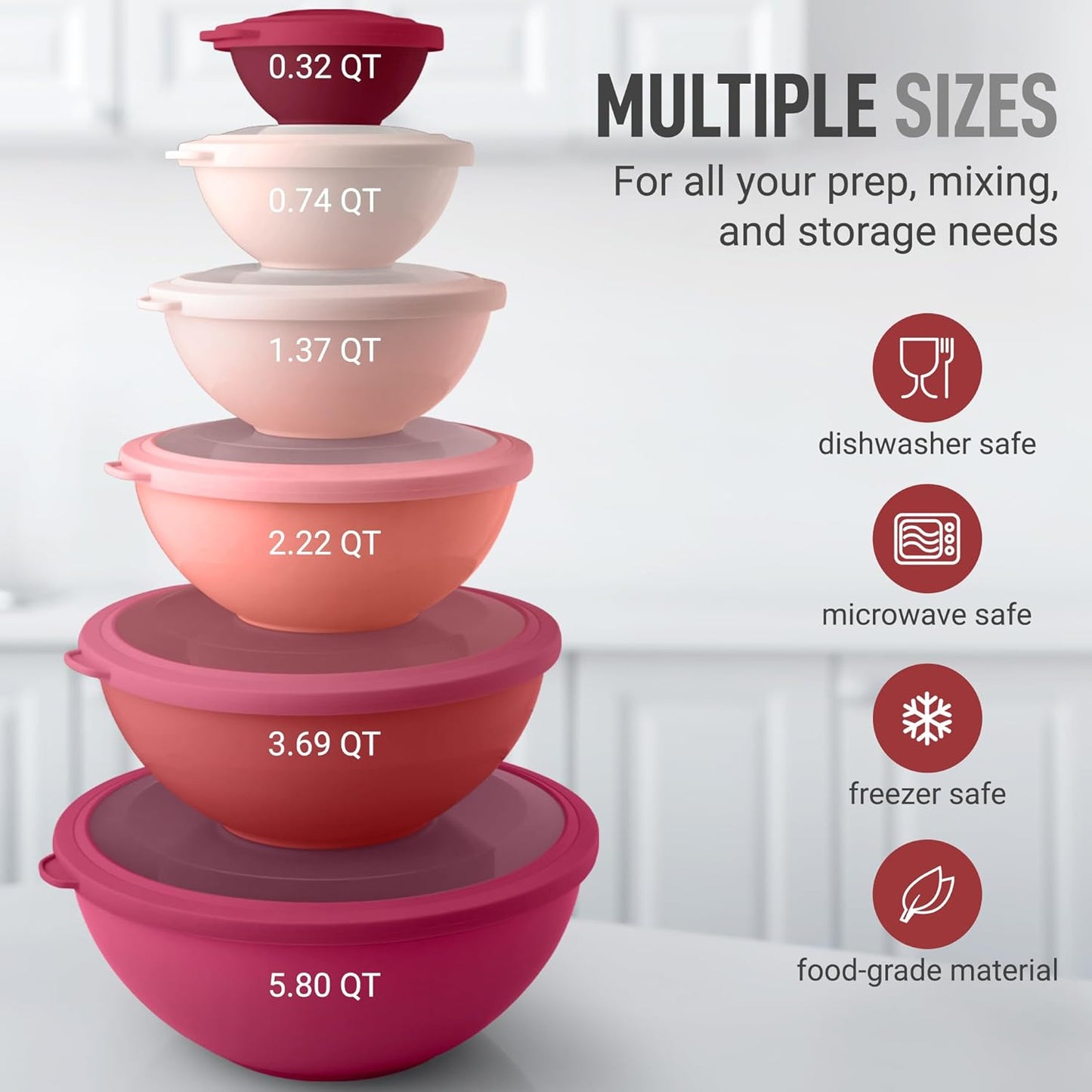 Zulay Kitchen 12 Piece Plastic Mixing Bowls with Leak-Proof Lids Set - Microwave and Freezer Safe Kitchen Mixing Bowls for Preparing, Serving and Storing - Large Nesting Bowls (Red Ombre)