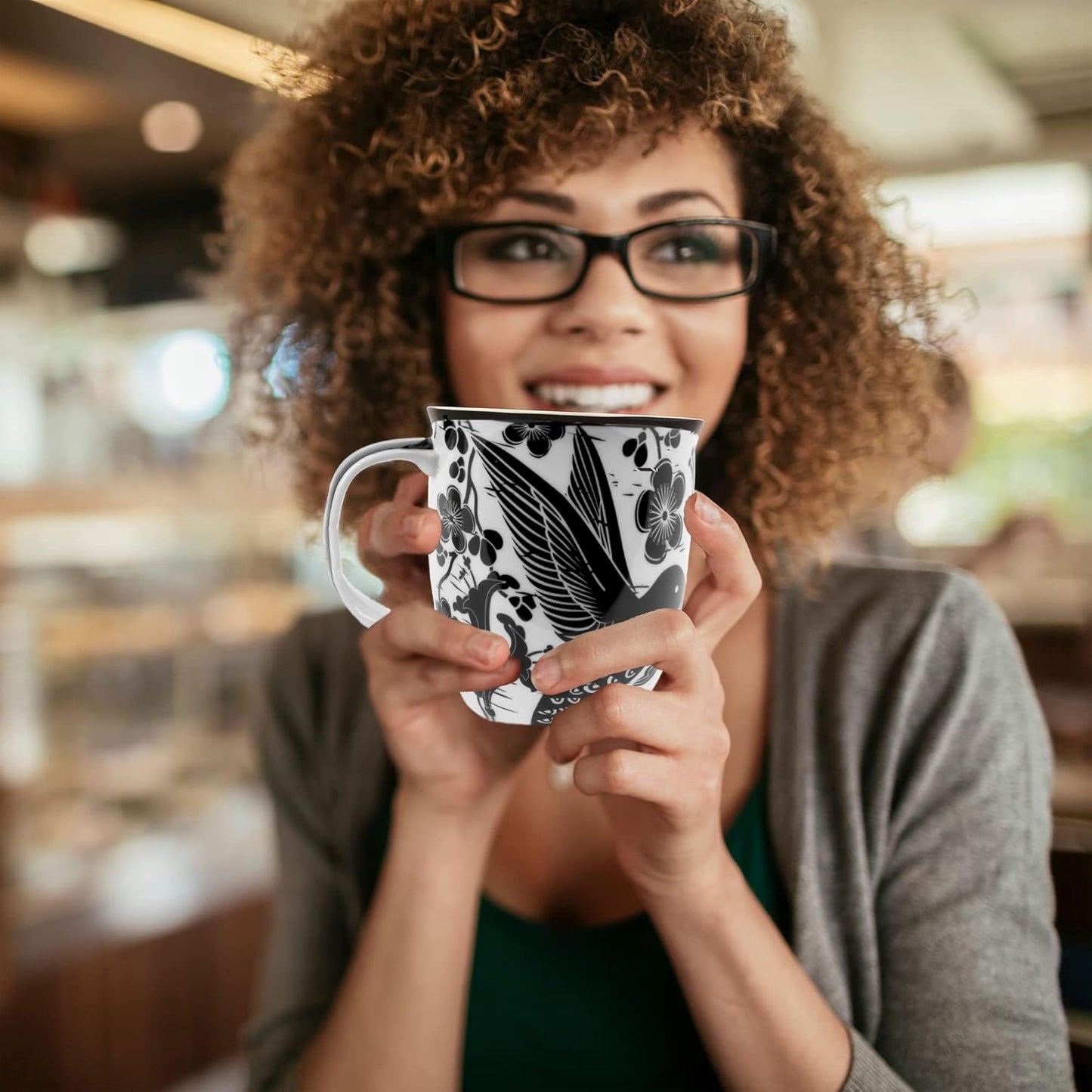 Karma Gifts 16 oz Black and White Boho Mug Hummingbird - Cute Coffee and Tea Mug - Ceramic Coffee Mugs for Women and Men, 1 Count (Pack of 1)