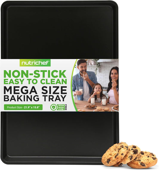 NutriChef Nonstick XL Cookie Sheet Baking Pan - Extra Large 22 Inch x 16 Inch with Raised Edges, Thick Carbon Steel Oven Baking Sheet for Jelly Rolls, Cookies, Cakes, & Pastries - Black